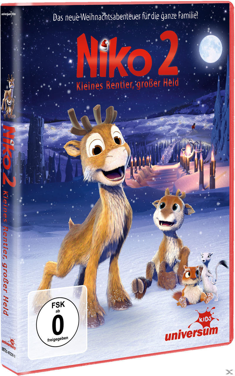 DVD-Cover: Cartoon-Rentier. Titel: Niko 2. Deutscher Text. Weißer, verschneiter Hintergrund.