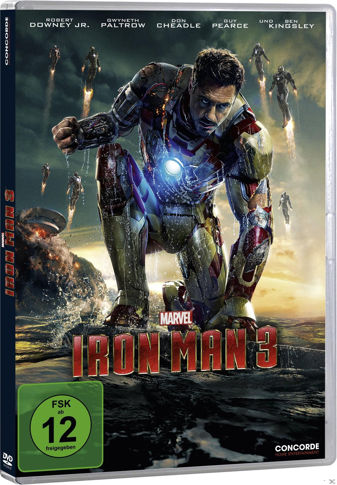 DVD-Cover: Iron Man 3. Mit Robert Downey Jr. im Iron Man-Anzug, mit fliegenden Iron Man-Figuren.