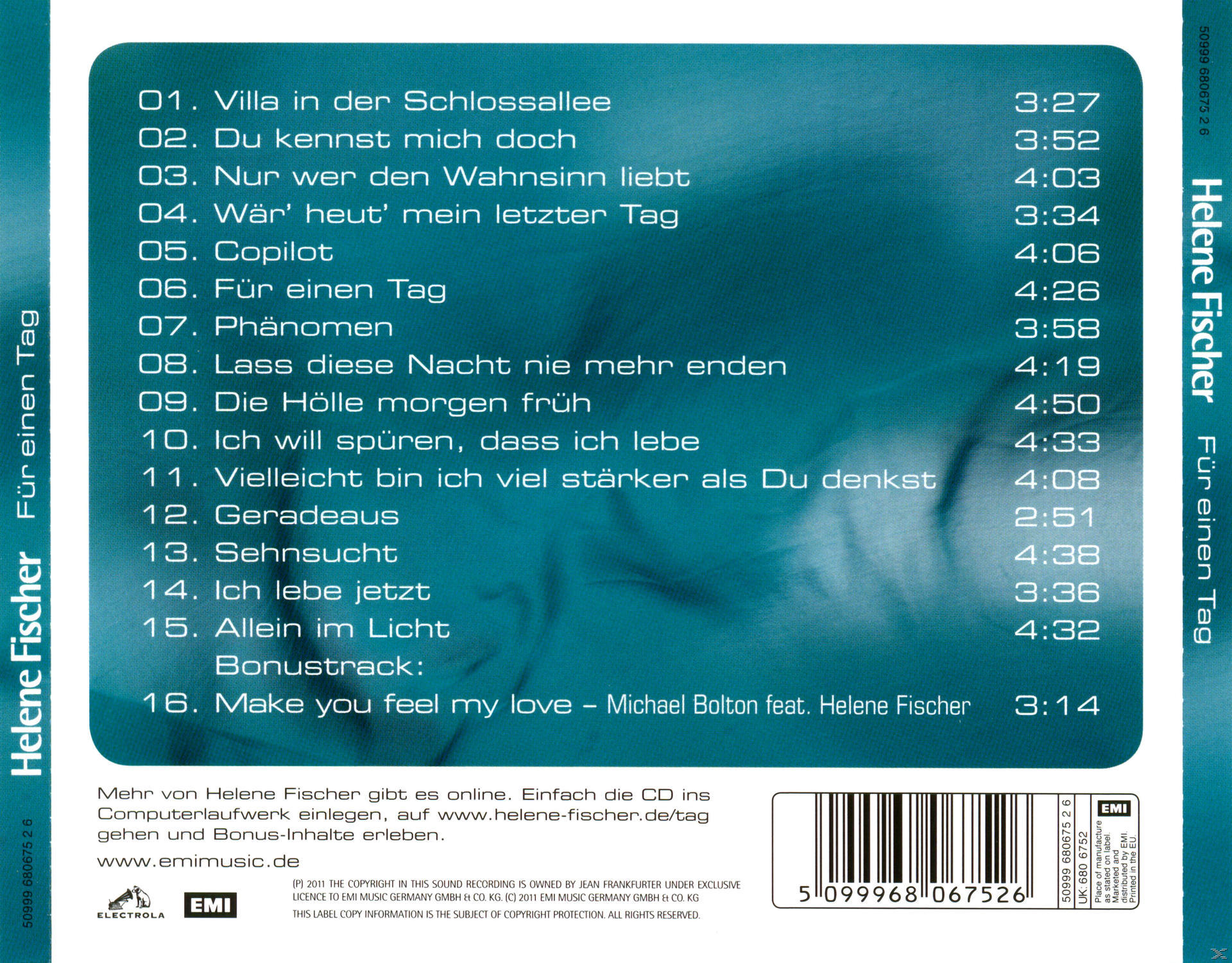 CD-Cover mit deutschem Text und Songtiteln. Enthält den Namen des Künstlers und einen Barcode.