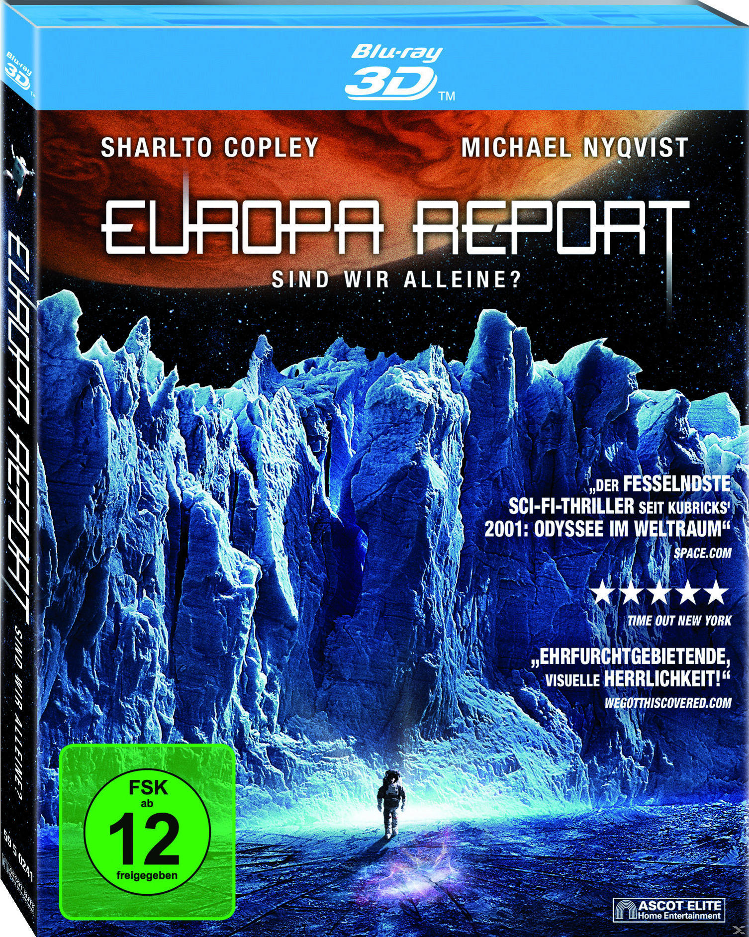 Blu-ray-Cover für Europa Report. Eisformationen im Weltraum. Weltraum und eine Person, die auf einem Planeten geht.