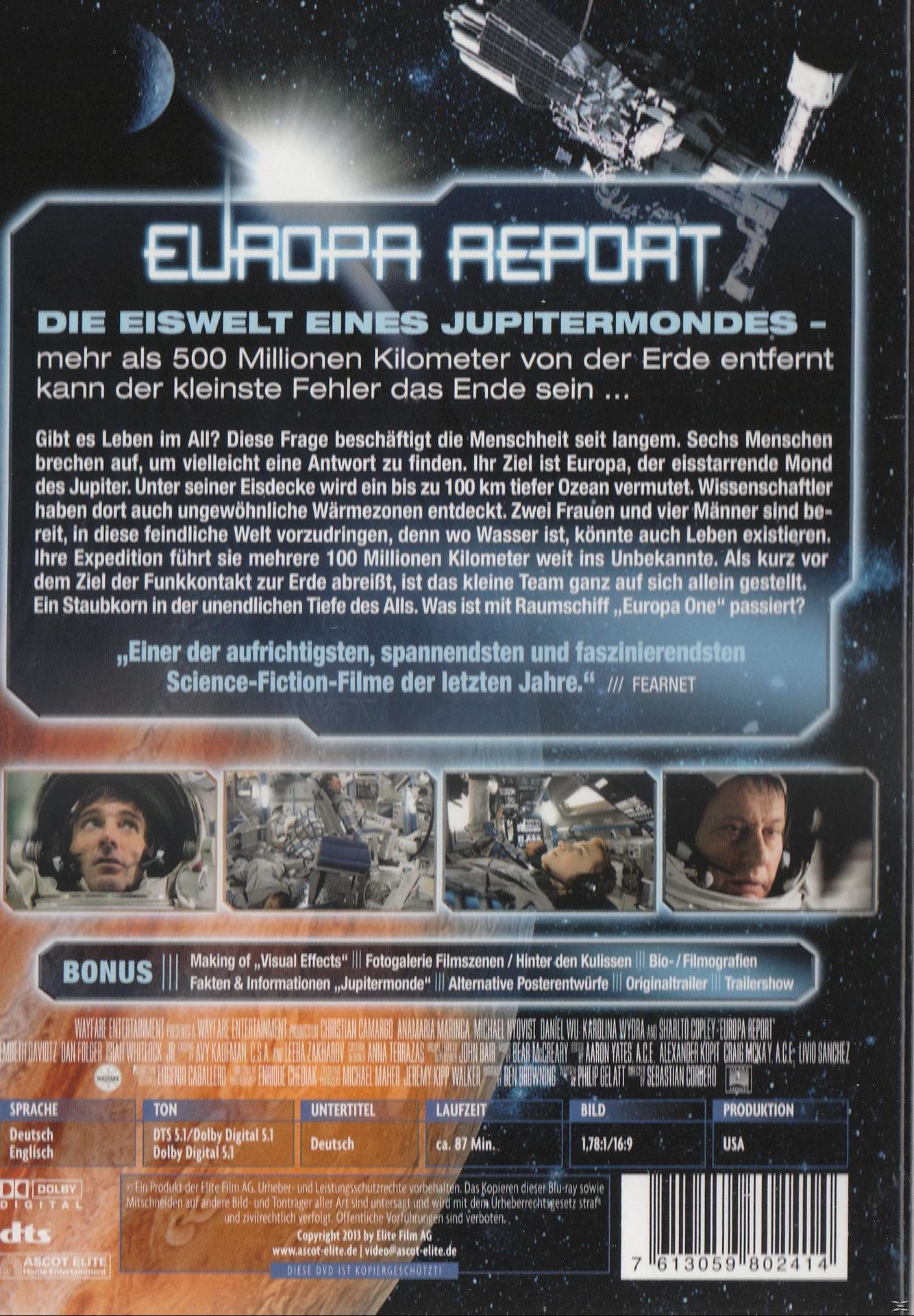 DVD-Cover mit Text auf Deutsch, Fotos von Personen. Titel: Europa Report. Weltraum-Thema.