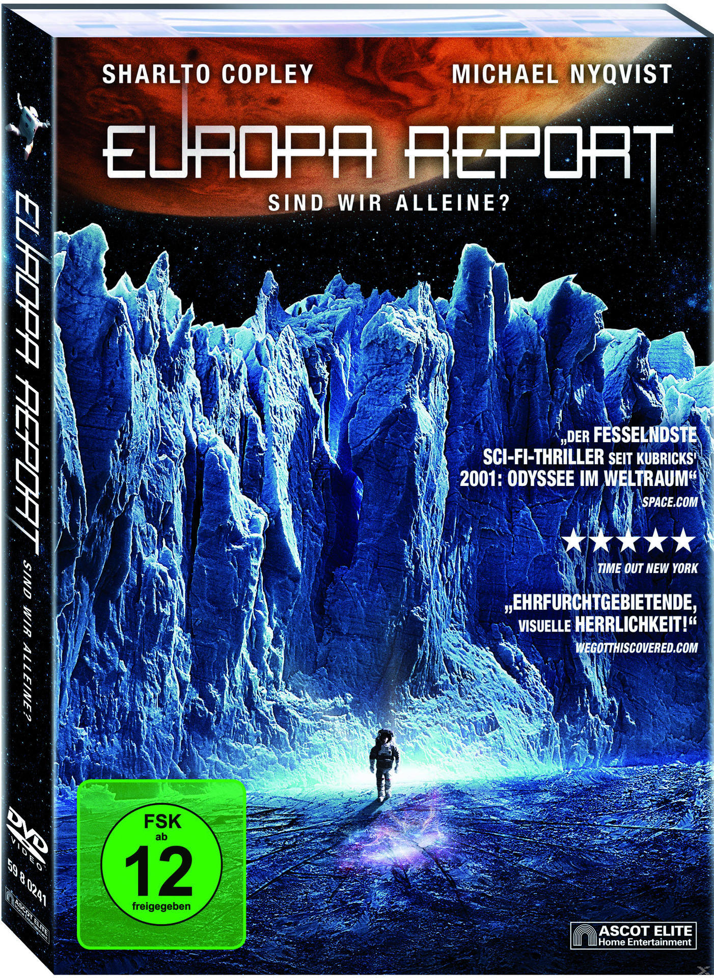 DVD-Cover von Europa Report. Astronaut auf Eis im Weltraum, Blau-Weiß-Farbschema.