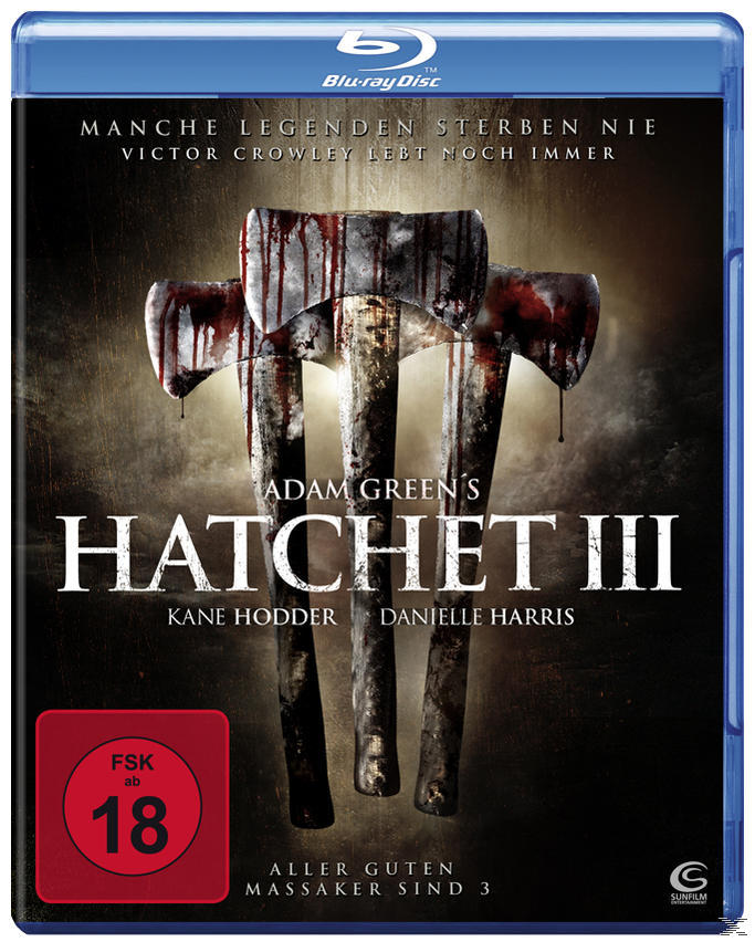 Filmcover: Blutige Äxte mit Text 'Hatchet III'. Bewertung ist 18. Dunkler Hintergrund.