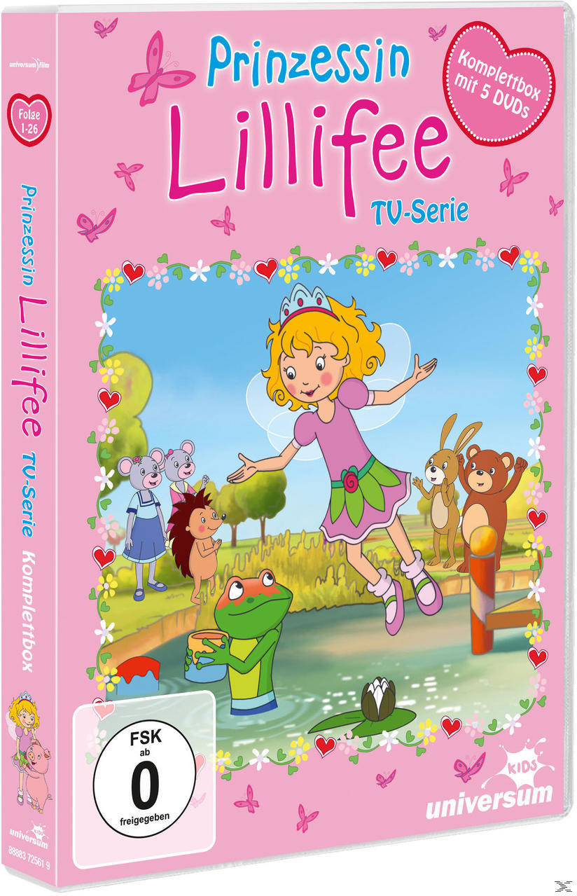 Zeichentrickfilm-Cover mit einem Mädchen und Cartoon-Figuren. Der Titel ist Prinzessin Lillifee, eine TV-Serie.