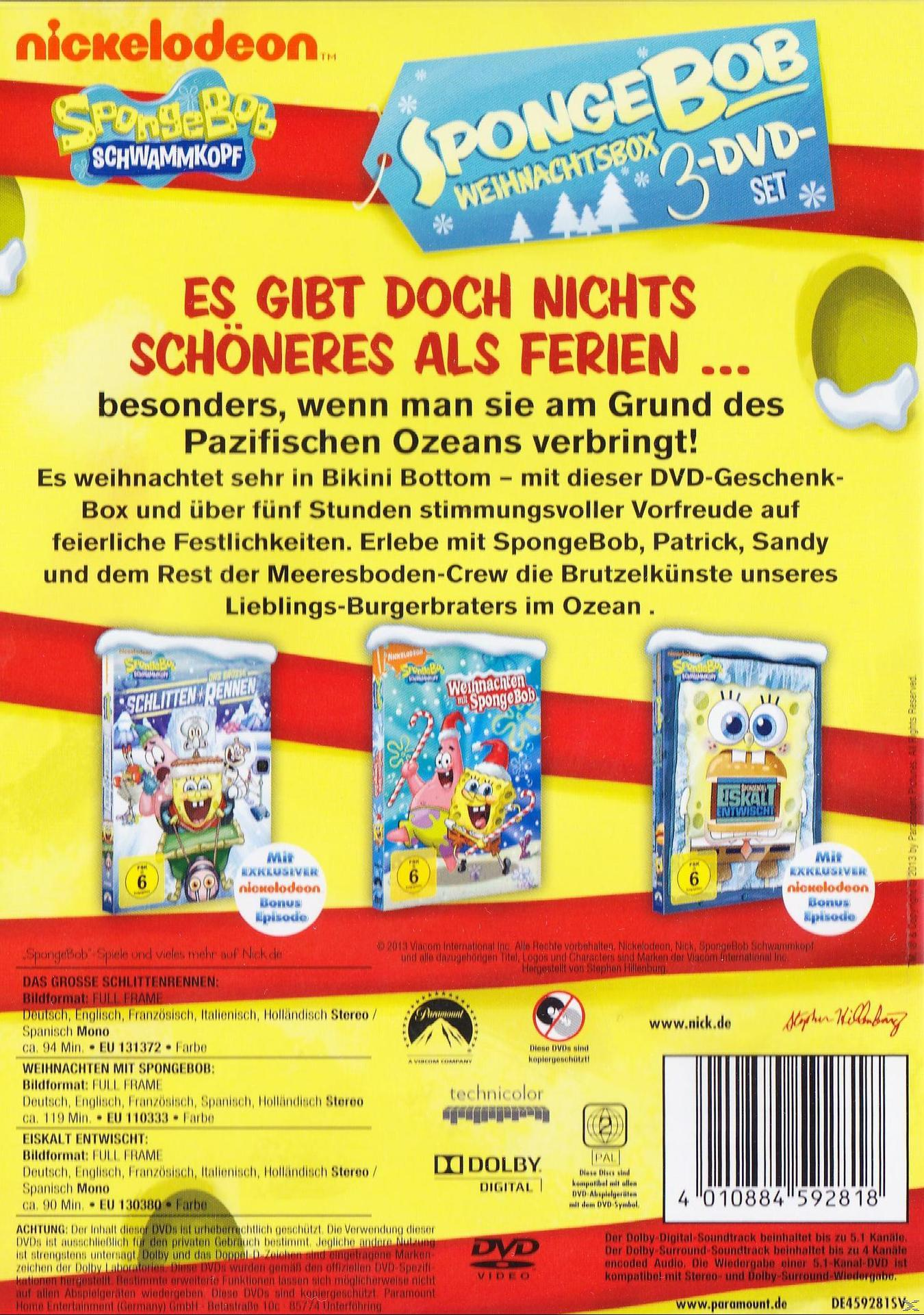 DVD-Cover: Spongebob und Freunde mit Weihnachtsthema. 'Es gibt doch...' Text, Mehrfach-DVD-Set.