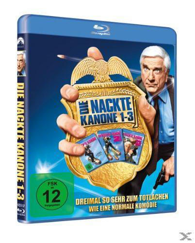 Blu-ray-Cover für 'Die nackte Kanone 1-3'. Leslie Nielsen hält ein Abzeichen und eine Pistole.