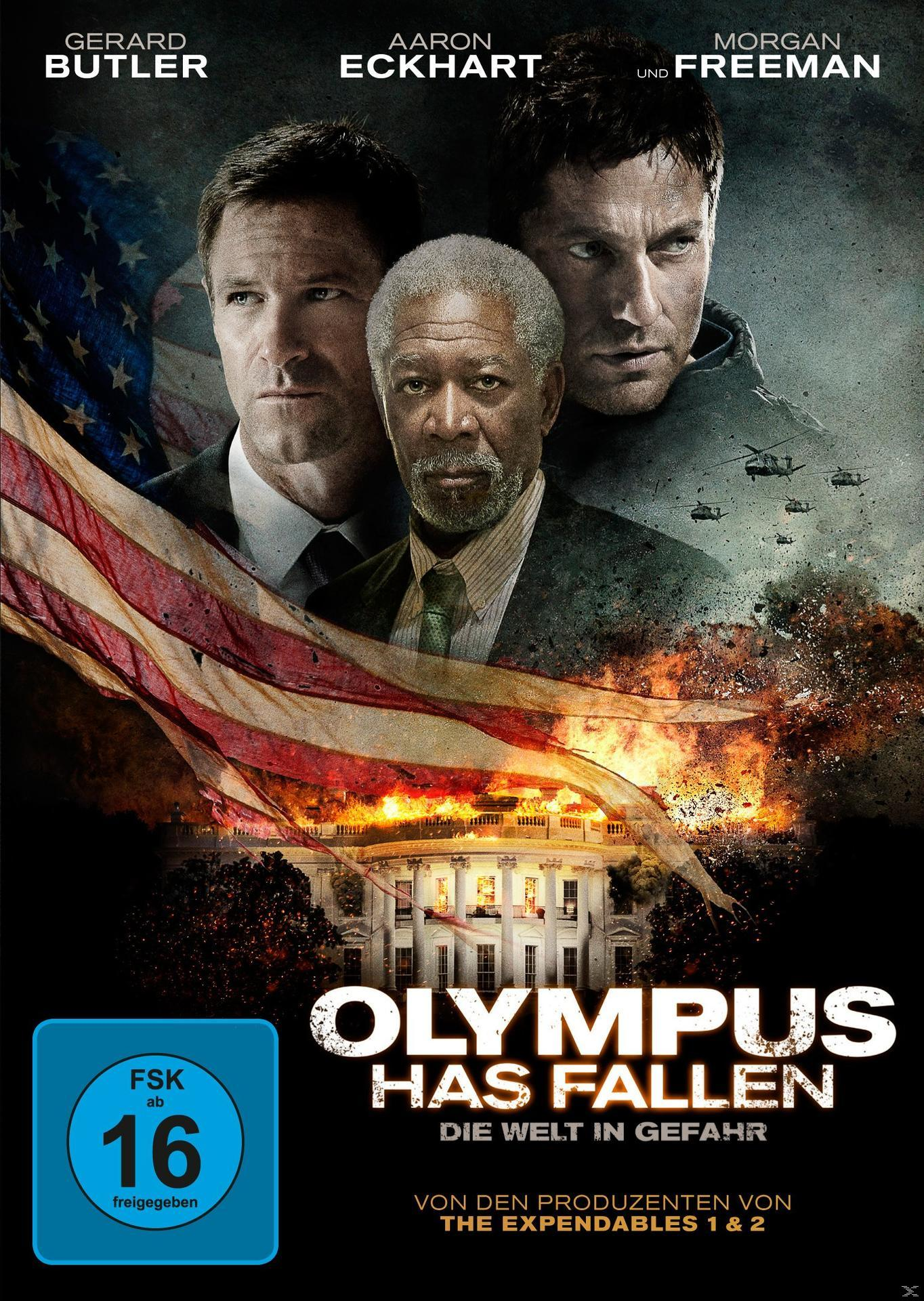 Filmplakat: Gerard Butler, Aaron Eckhart, Morgan Freeman. Titel: Olympus Has Fallen. US-Flagge, Weißes Haus in Flammen.