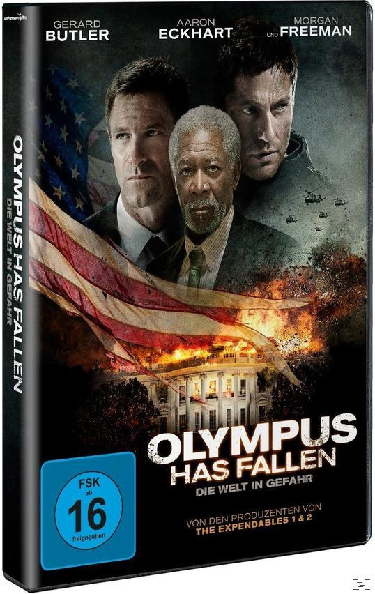 DVD-Cover: Gerard Butler, Aaron Eckhart und Morgan Freeman. Filmtitel: 'Olympus Has Fallen'.