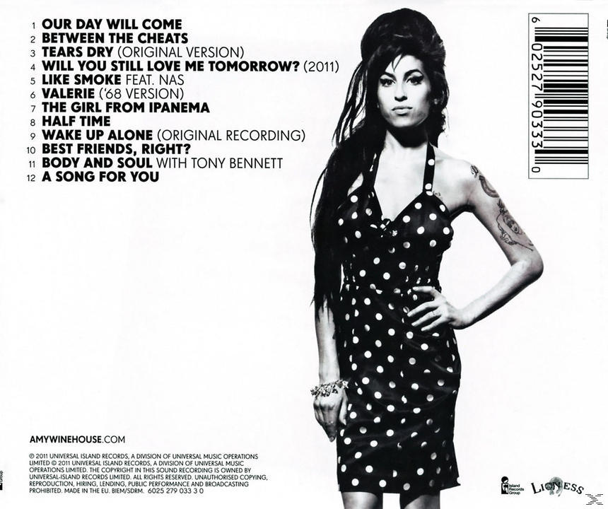 CD-Cover mit Amy Winehouse, mit einem gepunkteten Kleid und einer Titelliste.