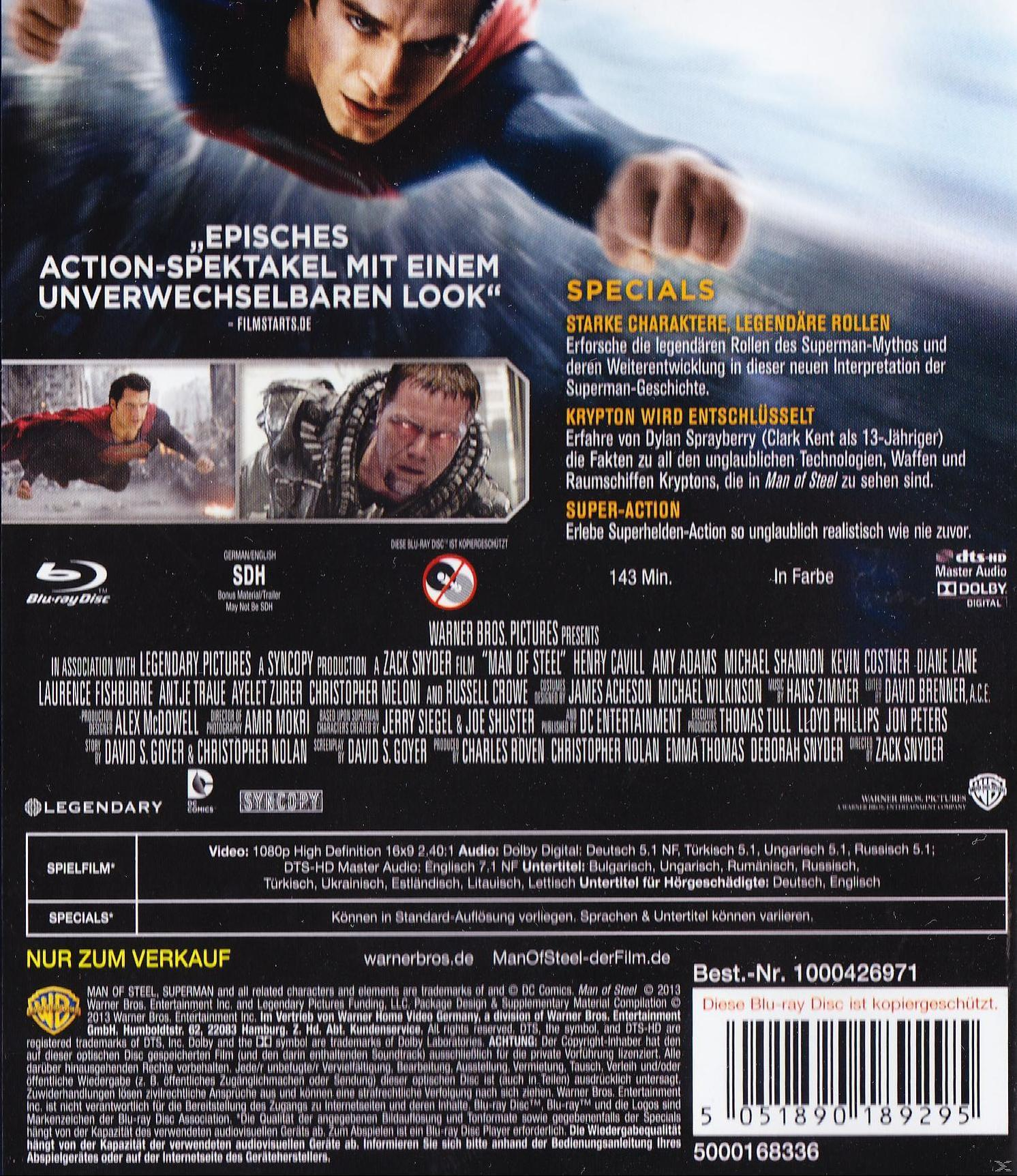 DVD-Cover: Man of Steel, ein Film. Supermans Gesicht, Actionszenen, mit Text auf Deutsch.