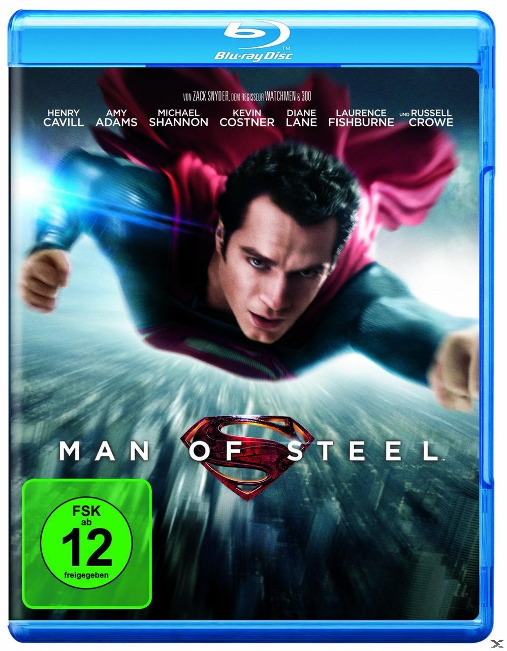 Superman fliegt auf den Betrachter zu. Filmtitel ist 'Man of Steel'. Schauspieler: Cavill, Adams, Shannon, Costner, Lane, Fishburne, Crowe.