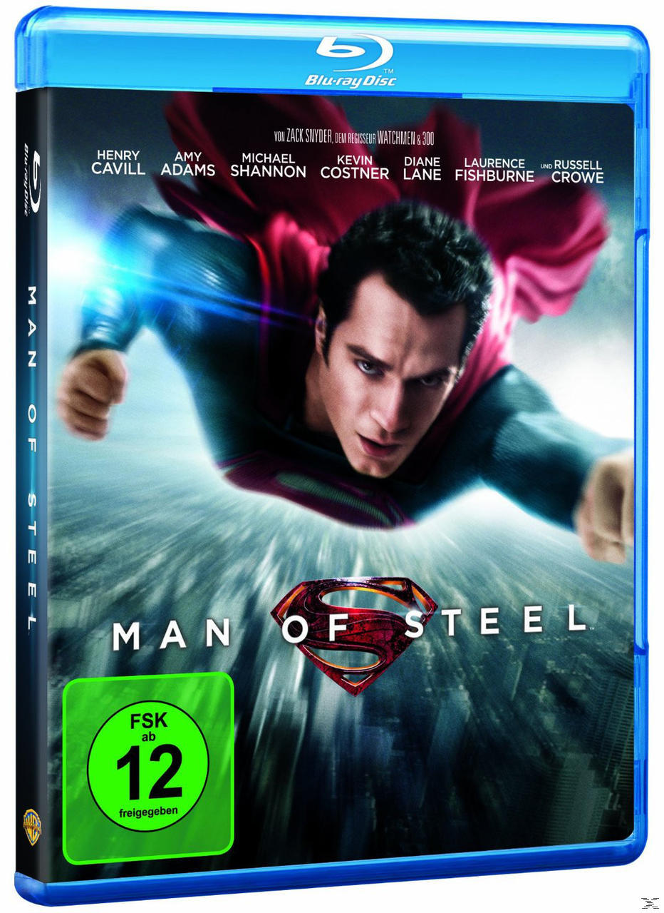 Blu-ray-Cover für 'Man of Steel'. Superman fliegt, mit Stadtbild im Hintergrund und grünem Bewertungssymbol.
