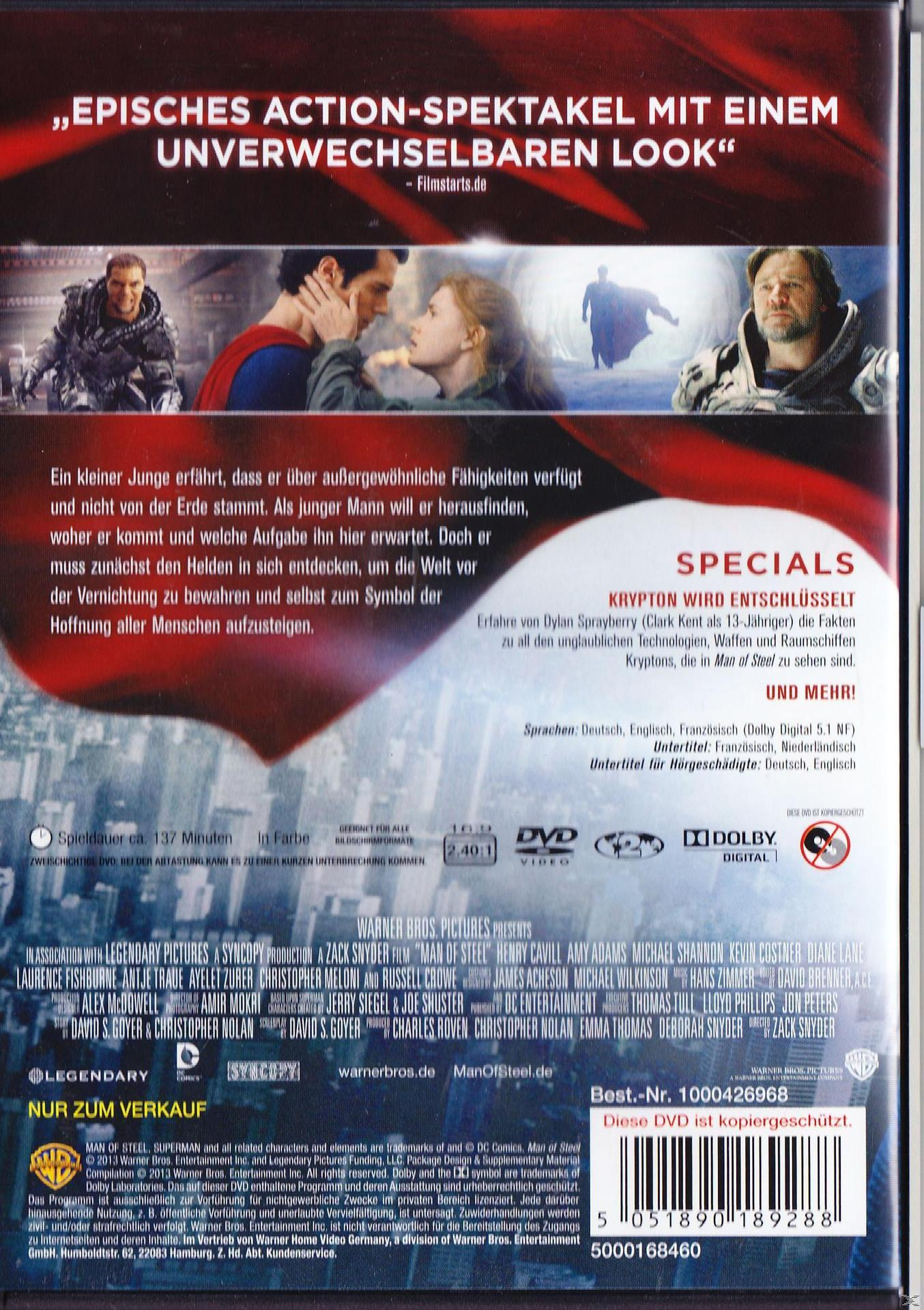 DVD-Cover mit Schauspielern und Text. Superman, Lois Lane und andere. Titel: 'Man of Steel'.