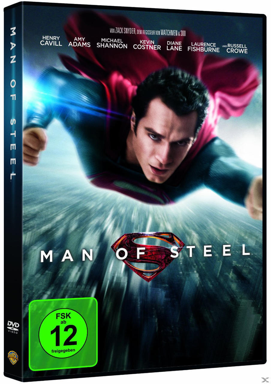 Man of Steel DVD-Cover mit Superman im Flug und Namen der Schauspieler.