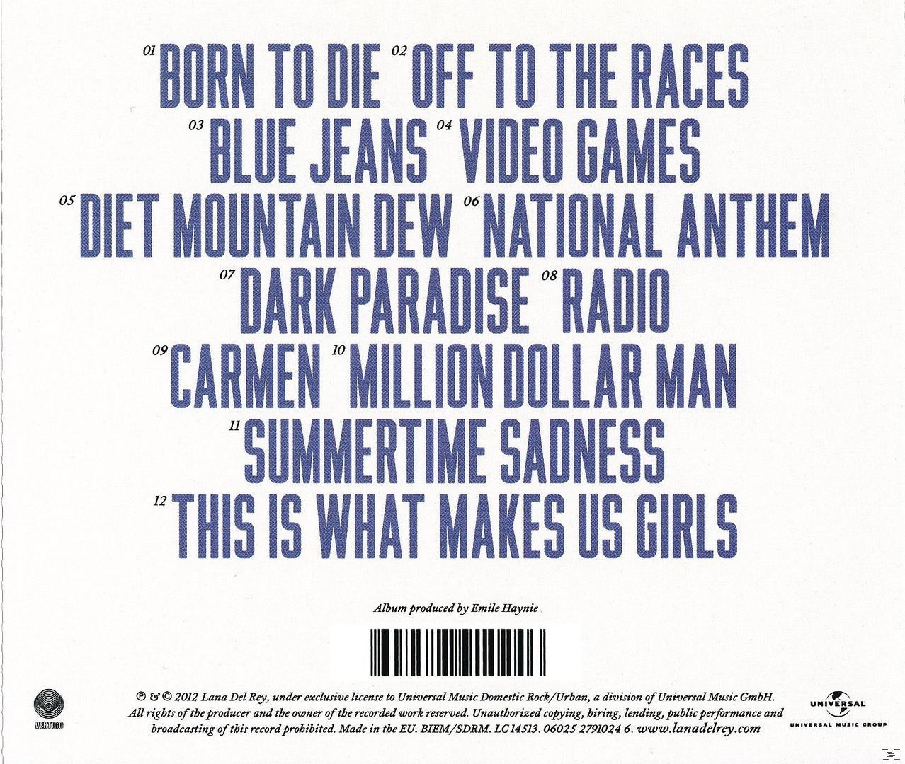 Album-Rückseite mit Titelliste. Text: Born to Die, Video Games, Summertime Sadness. Künstler: Lana Del Rey.