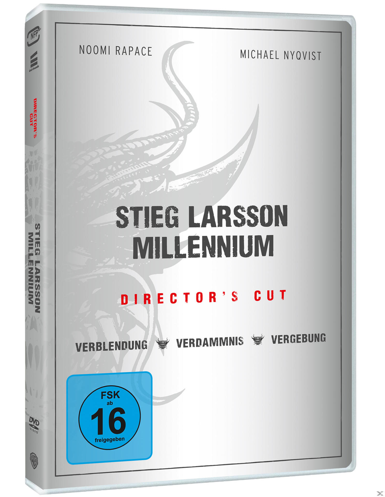 DVD-Hülle für Stieg Larssons Millennium, mit Schauspielernamen und Director's Cut-Titel. Blaues Bewertungssymbol unten.
