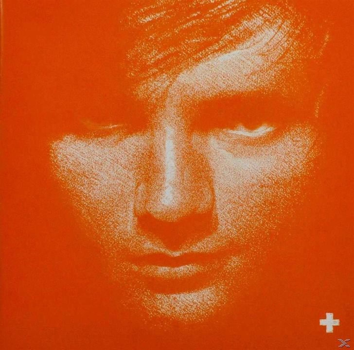 Oranges Albumcover mit Nahaufnahme eines Gesichts, weißen Highlights und einem Pluszeichen.