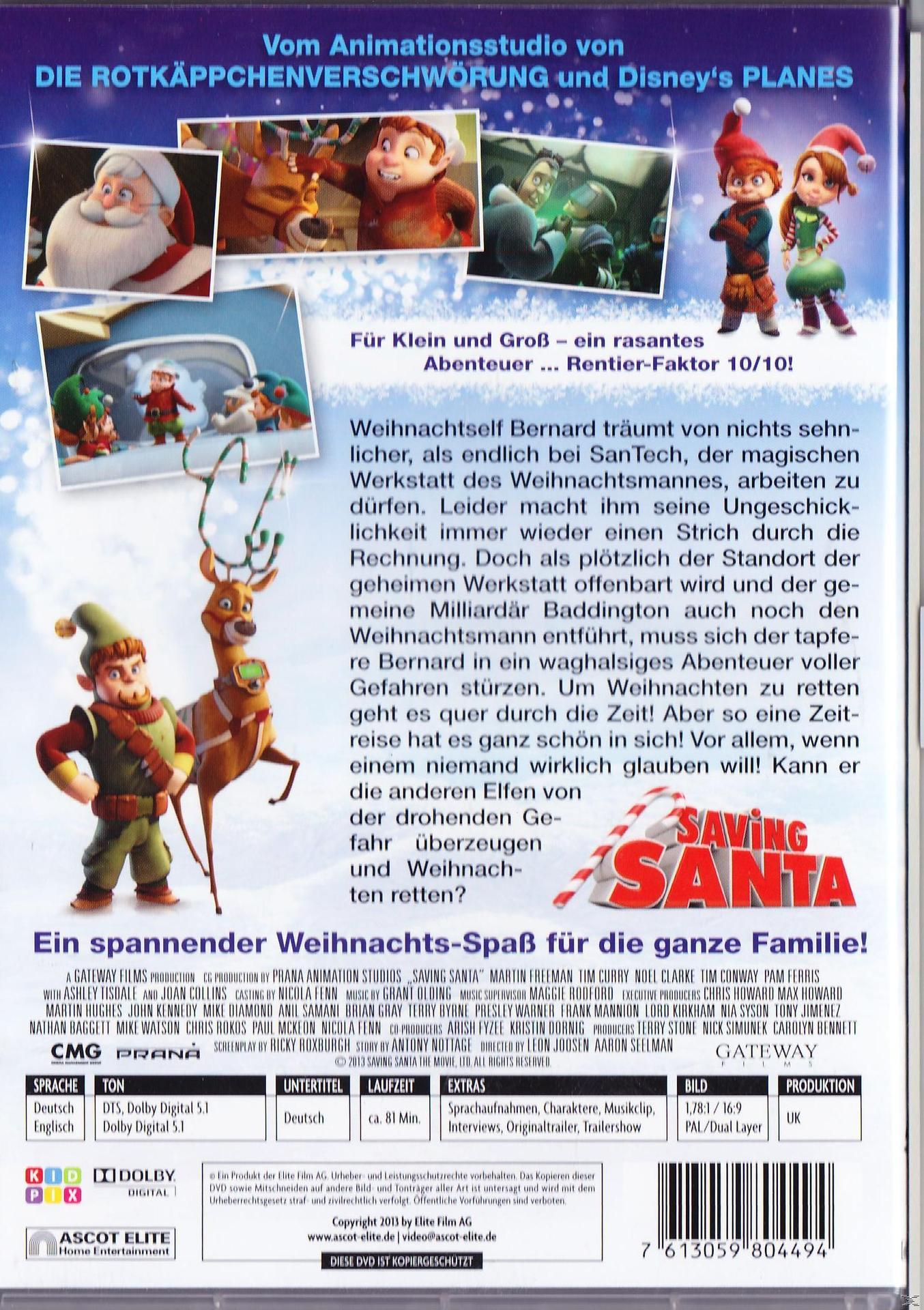 DVD-Cover. Film 'Saving Santa'. Zeichentrickfiguren mit Rentier und Weihnachtsmann.