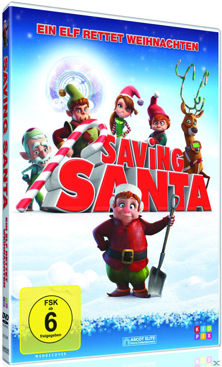 Saving Santa DVD-Cover. Cartoon-Elfen, Santa und ein Rentier sind zu sehen. Blauer und weißer Hintergrund.
