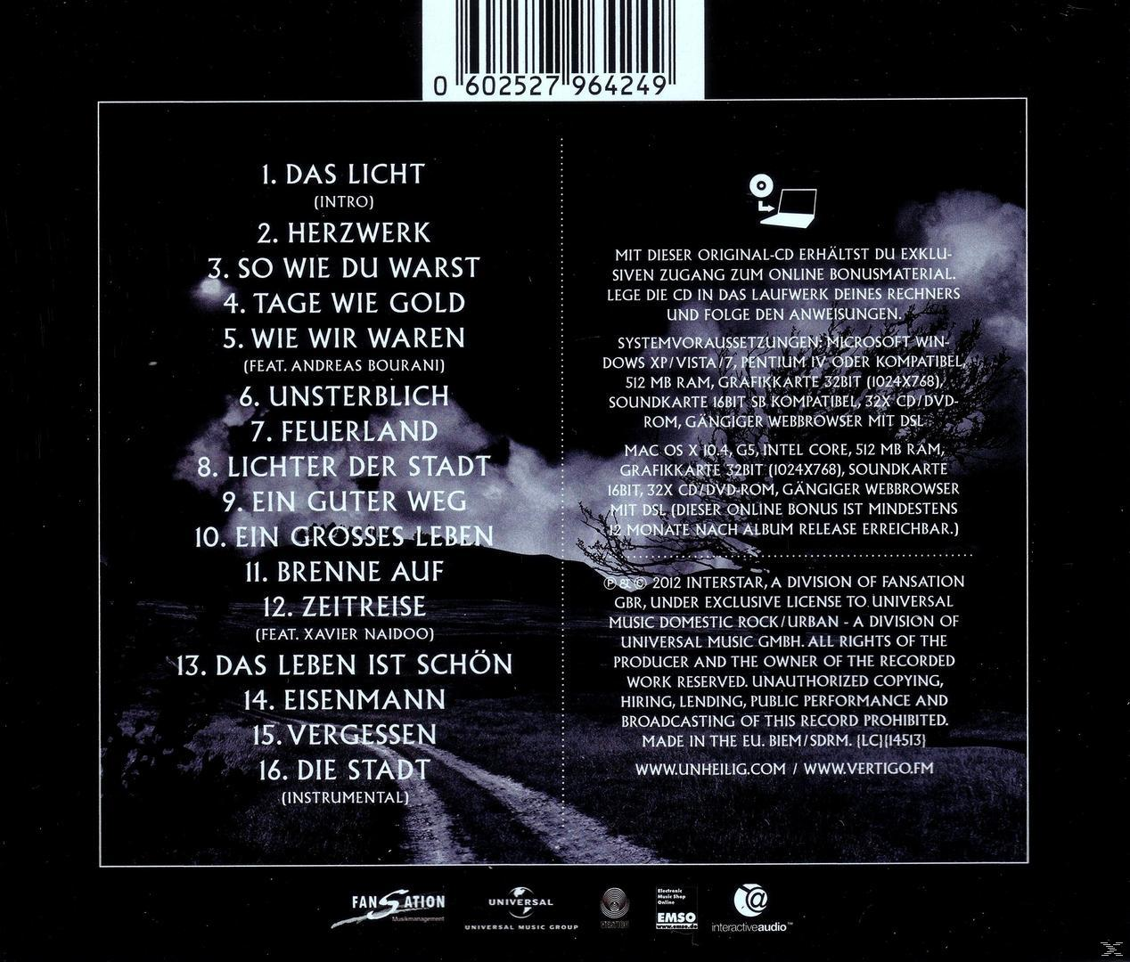Albumcover: Titelliste auf schwarzem Hintergrund. Titel: Unheilig.