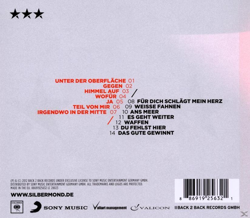 Albumcover mit Titelliste und Bandname Silbermond. Text ist auf Deutsch. Oben drei Sterne.