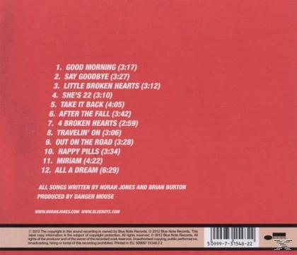 Rückseite der Norah Jones CD. Die Titelliste wird auf rotem Hintergrund mit weißem Text angezeigt.