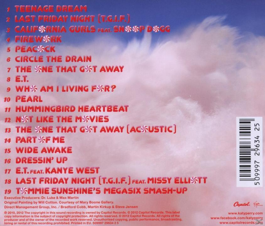 CD-Rückseite mit Titelliste: Teenage Dream, California Gurls, Firework usw. Text ist rot und gelb.