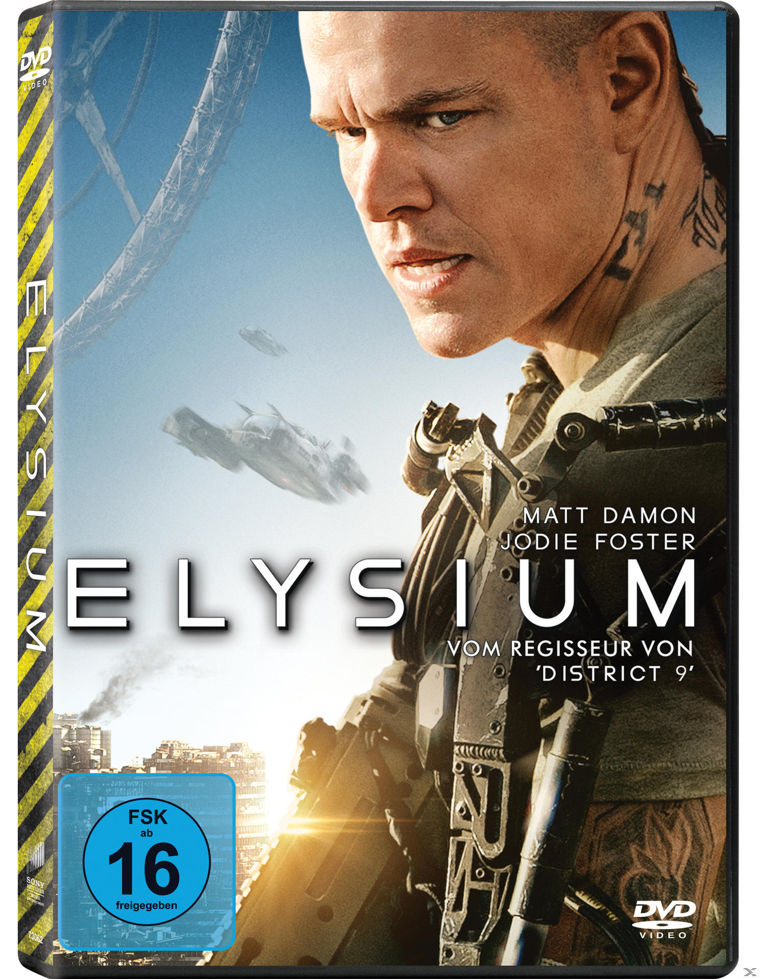 DVD-Cover von Elysium mit Matt Damon, Jodie Foster und Text.