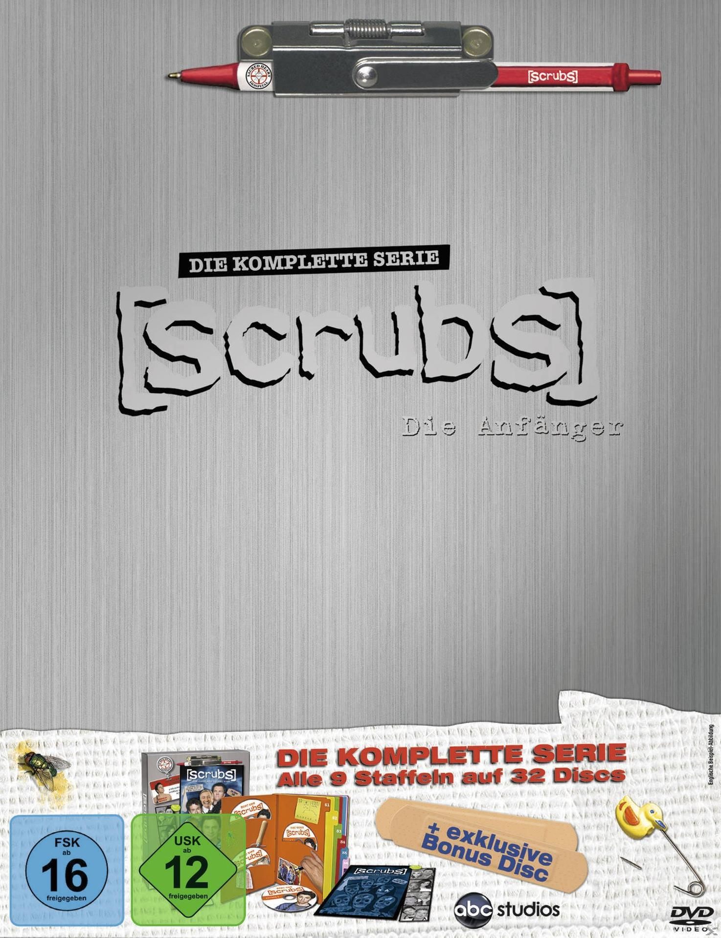 DVD-Boxset-Cover für Scrubs. Enthält die komplette Serie mit 9 Staffeln auf 32 Discs.
