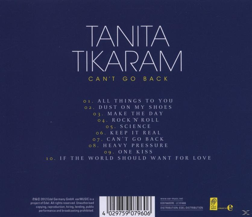 CD hátlap a Tanita Tikaram 'Can't Go Back' albumának számlistájával, sötétkék háttéren.