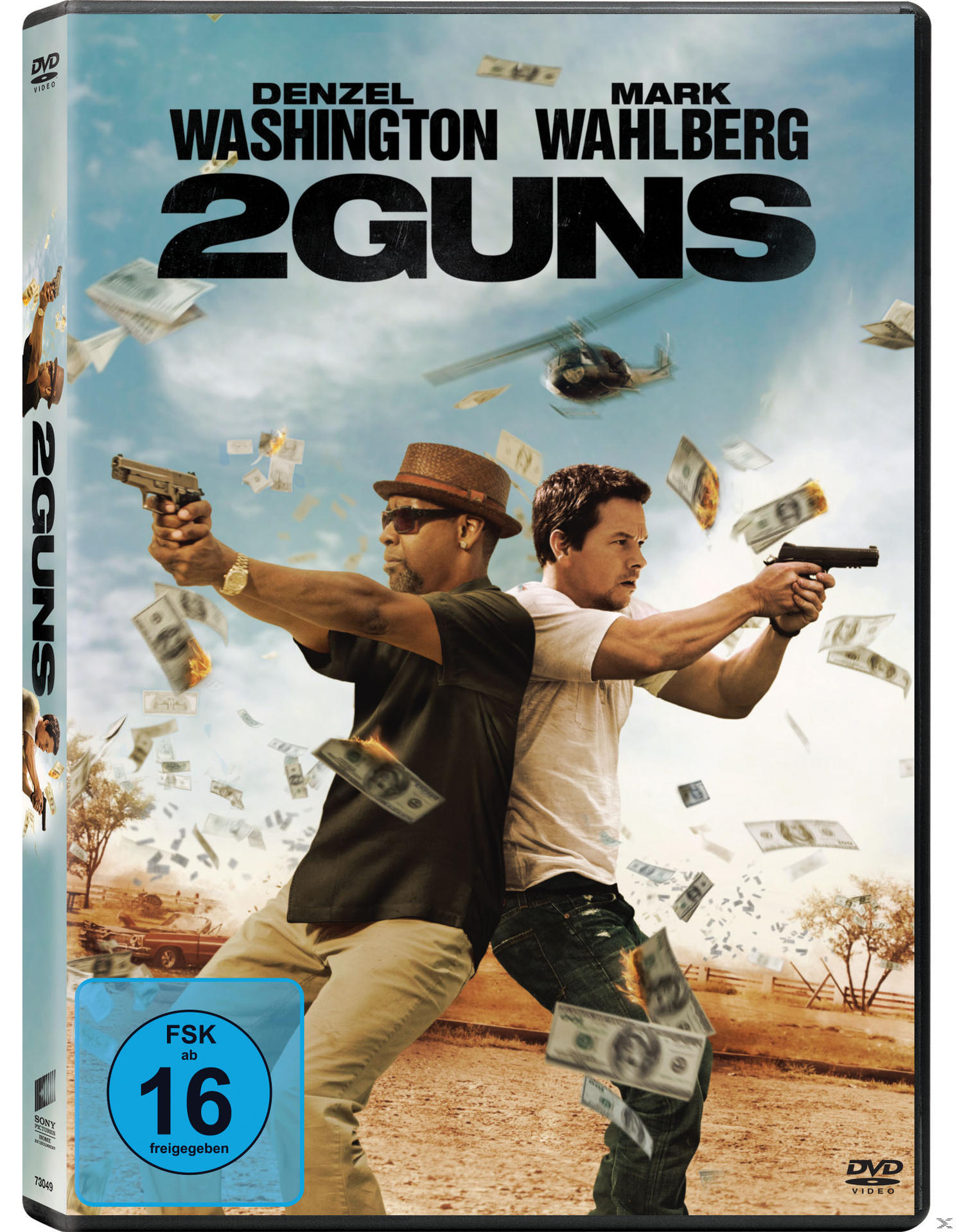 Filmcover mit Denzel Washington, Mark Wahlberg halten Waffen, Geld fliegt. Titel: 2 Guns.