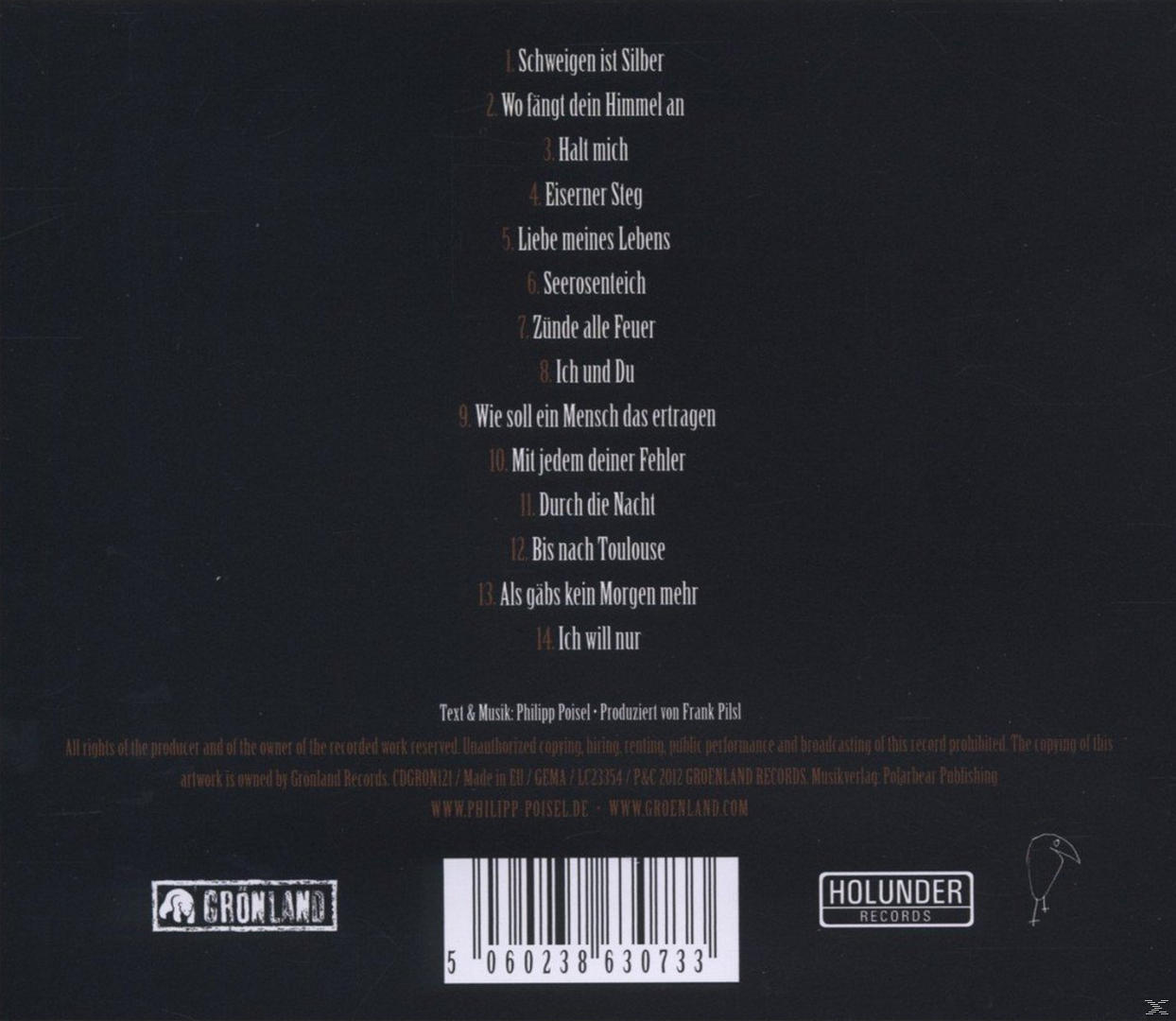 Album-Rückseite mit Trackliste und Text; ein Logo unten mit Text.