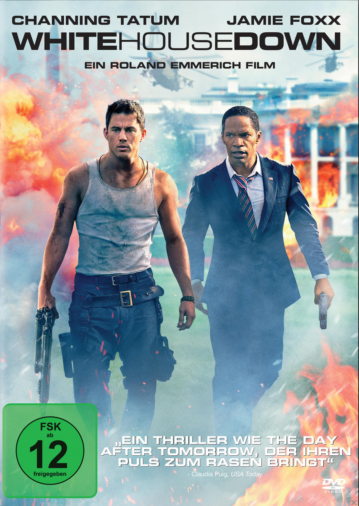 Filmposter 'White House Down'. Channing Tatum und Jamie Foxx mit Waffen, Flammen im Hintergrund.