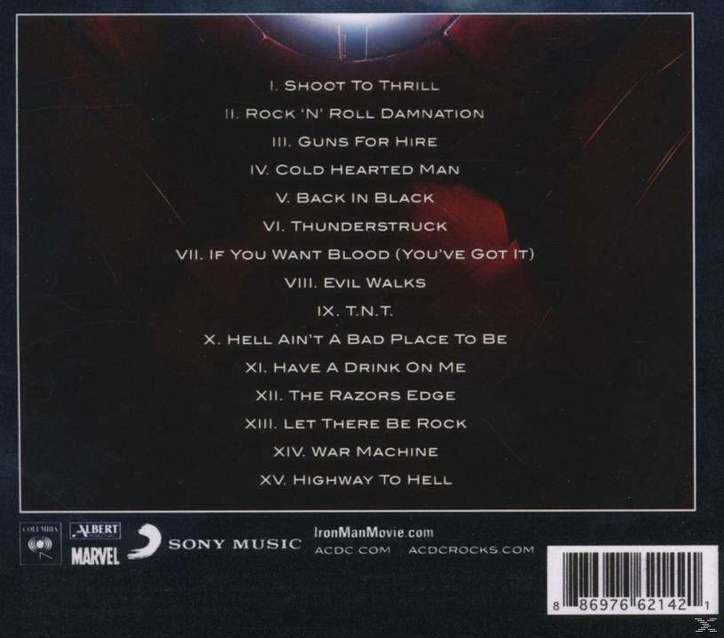 Rückseite eines AC/DC-Albums mit Songtiteln und Logos für Columbia, Marvel und Sony Music.