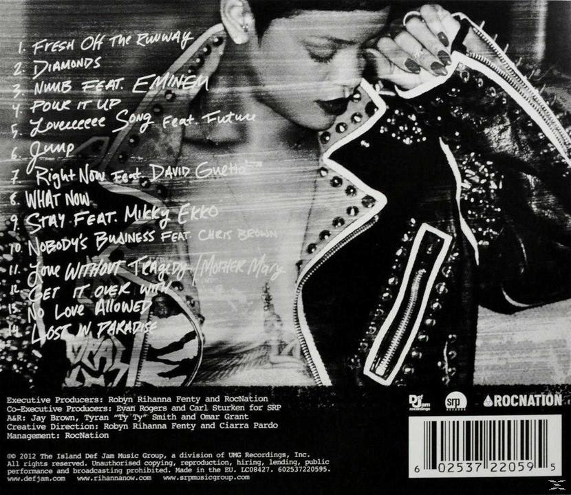 Album-Rückseite mit Rihanna. Schwarzweißfoto, detaillierte Trackliste und Credits.