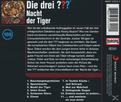 CD-Cover von 'Die drei ??? Nacht der Tiger'. Enthält Text mit einer Tigerillustration und einer Titelliste.