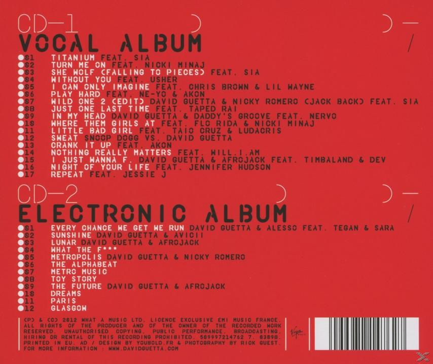 CD-Cover mit Titelliste und den Namen der Künstler. Titel: David Guetta - CD-1 Vocal Album.