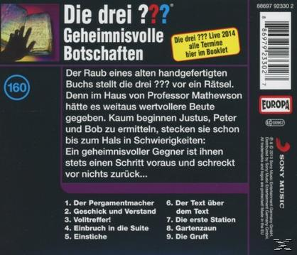 CD-Rückseite: Die drei ??? Geheimnisvolle Botschaften. Text mit Buch und Hand. Europa-Logo sichtbar.