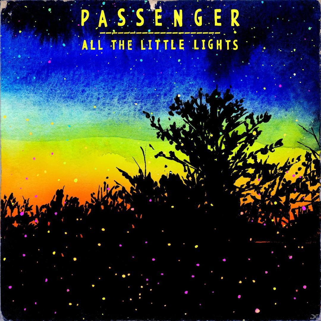 Albumcover im Aquarellstil. Silhouette von Pflanzen, bunter Himmel mit Sternen. Titel 'Passenger'.