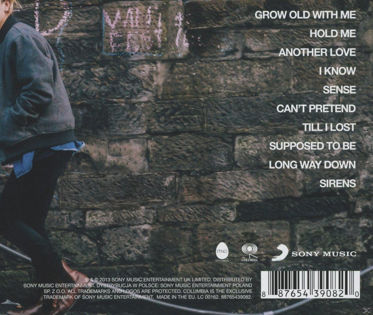 Album-Rückseite mit Titelliste. Eine Person steht an einer Backsteinmauer.