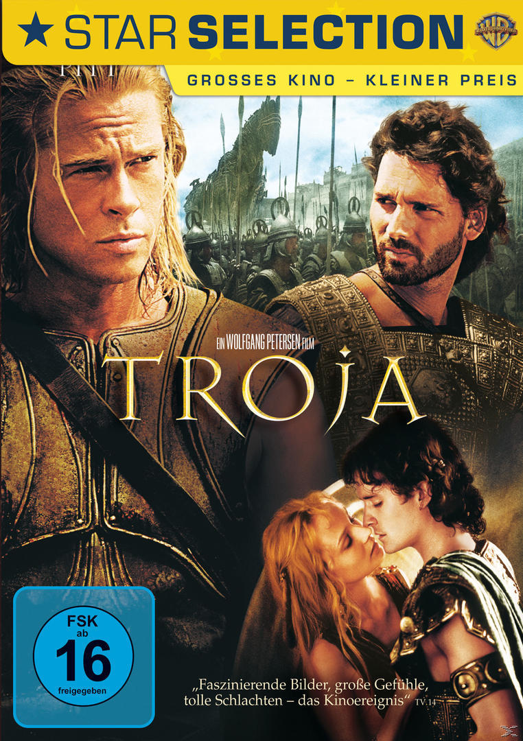 Troy DVD-Cover mit Brad Pitt und anderen Schauspielern in einer Kampfszene.