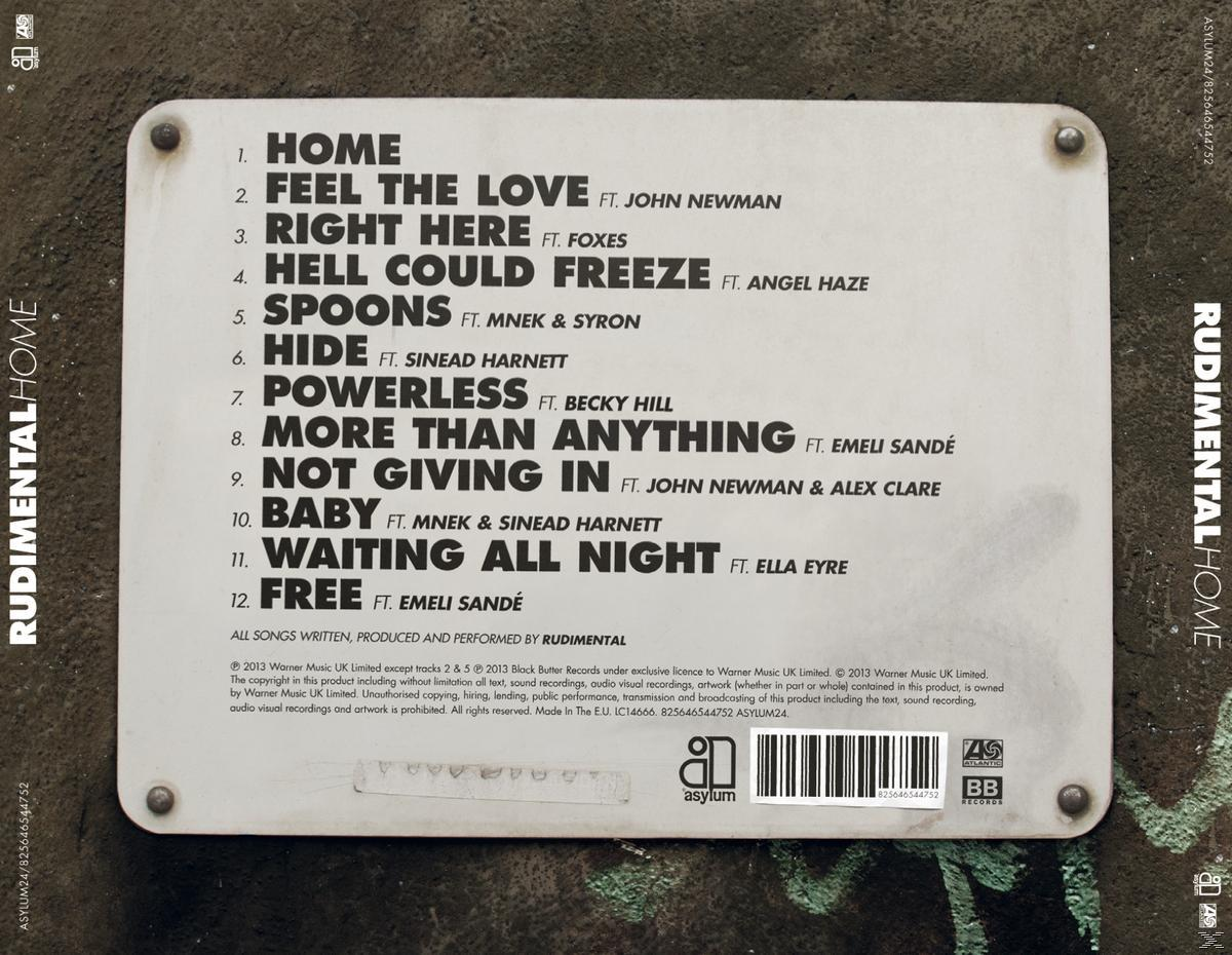 CD-hoes. Witte plaat met songtitels. Tekst: Rudimental, Home.