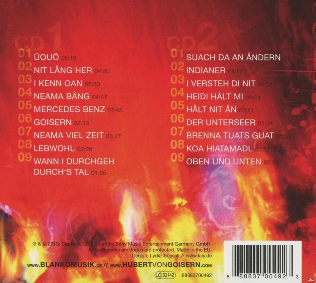 CD-Rückseite mit Titelliste und brennendem Feuer, Text auf Deutsch.