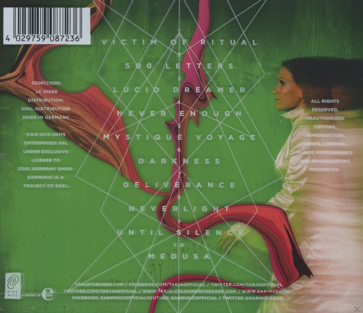 Albumcover. Frau mit roten und grünen abstrakten Formen. Grüner Hintergrund mit Text.