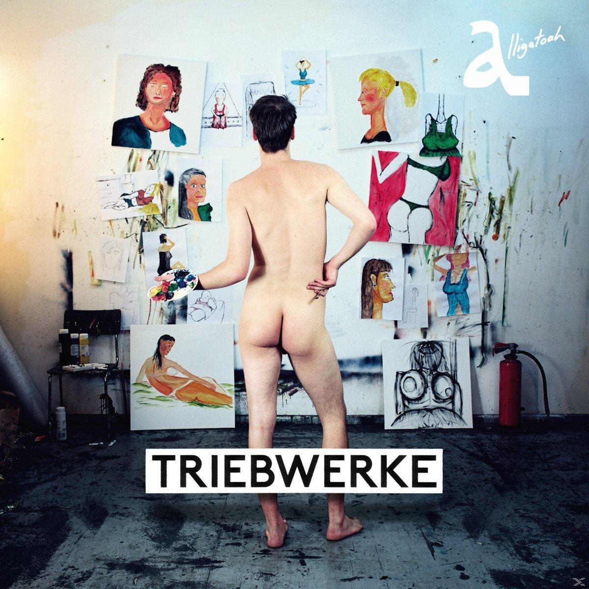 Nackter Mann, Rücken zur Kamera, vor Wand mit Kunst. Hält Palette. Text 'Triebwerke'.