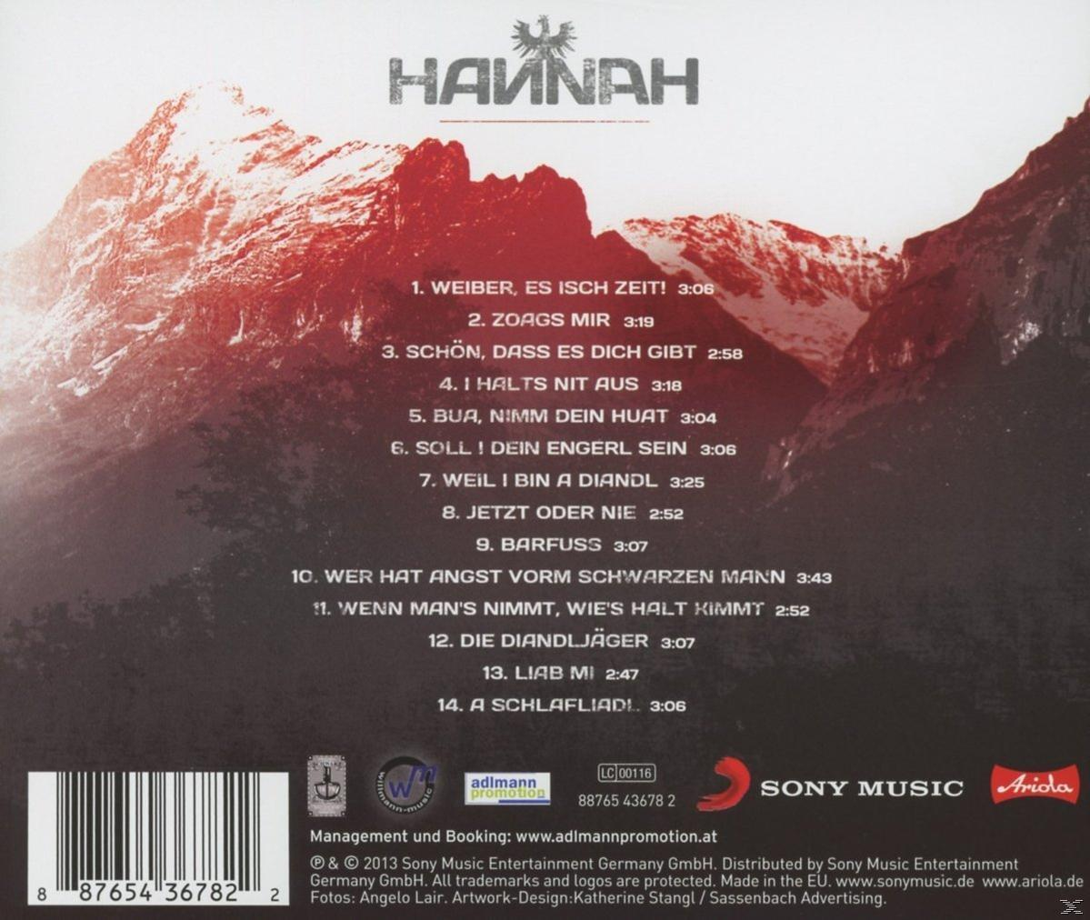 CD-Cover mit roter Berggrafik und Hannah-Logo. Songliste und Logos der Musikfirma sind sichtbar.