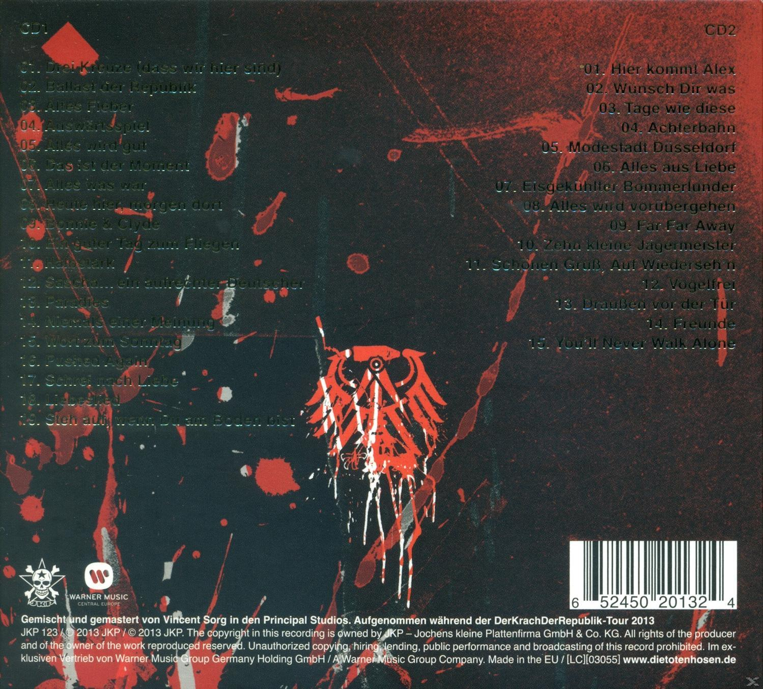 Album-Rückseite mit Titelliste und rotem und schwarzem Eulendesign.
