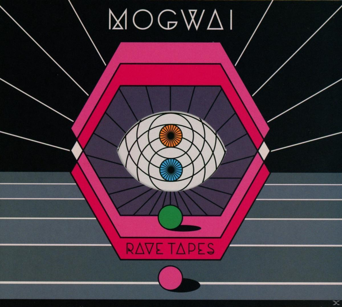 Albumcover mit geometrischen Formen und dem Text 'MOGWAI RAVE TAPES'. Pink und Blau.