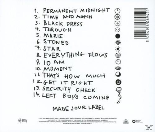 CD-Rückseite mit Songtiteln: Permanent Midnight, Time And Again, Black Dress und mehr.