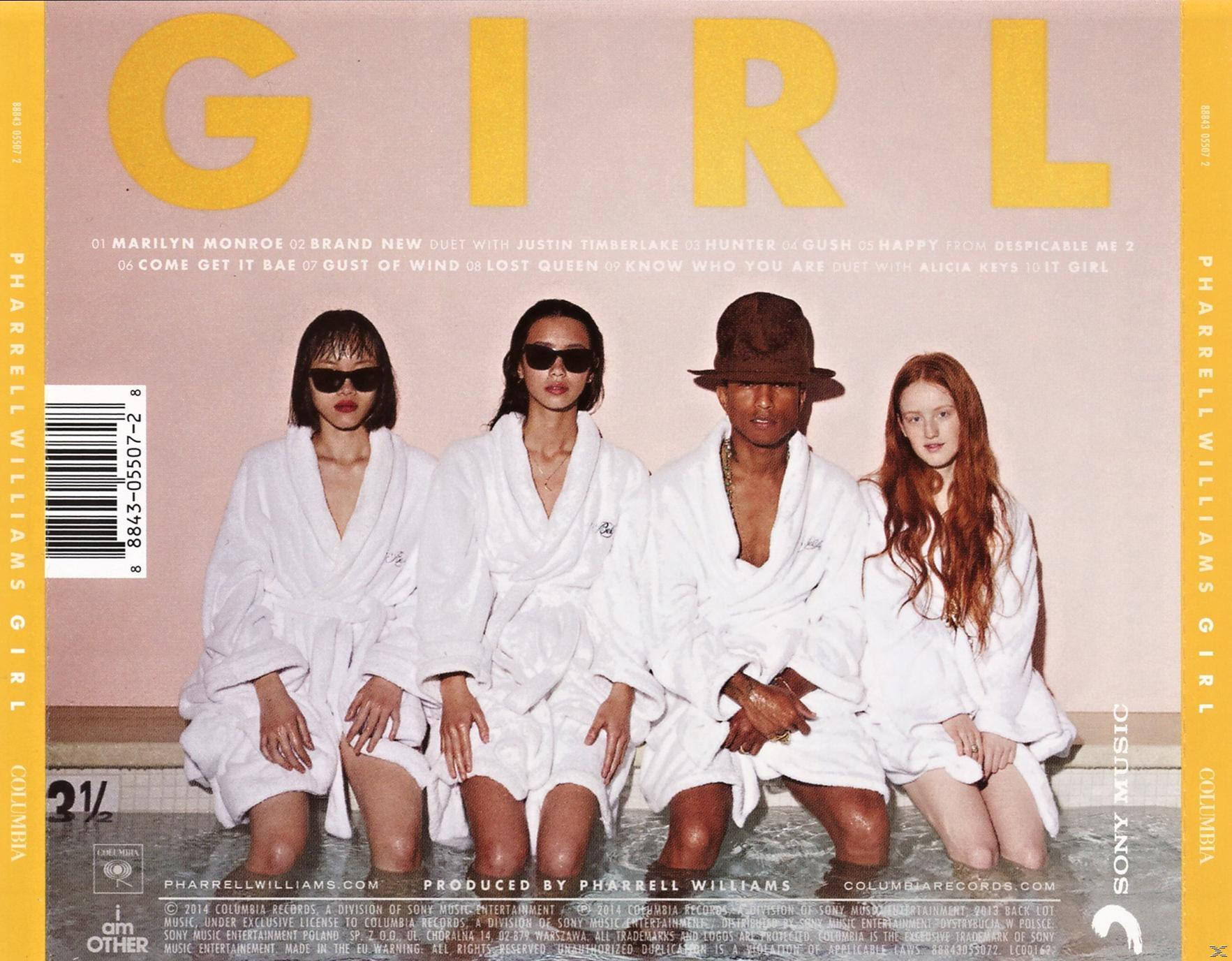Pharrell Williams' albumhoes, vier mensen in witte badjassen, zwembad en roze achtergrond.
